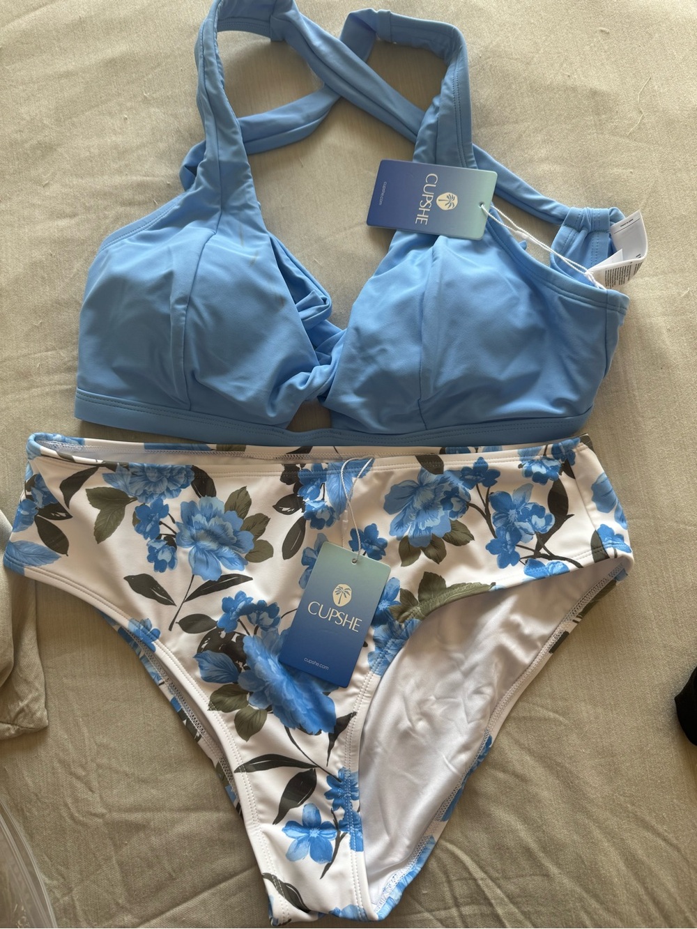 Cupshe Blue Cross-Back Bikini with Floral High-Waist Bottoms